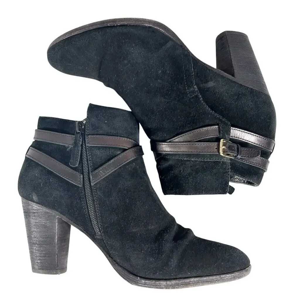 COLE HAAN! BLACK GENUINE SUEDE LEATHER CRISS-CROSS, CHUNKY ANKLE BOOTS! SZ 10B